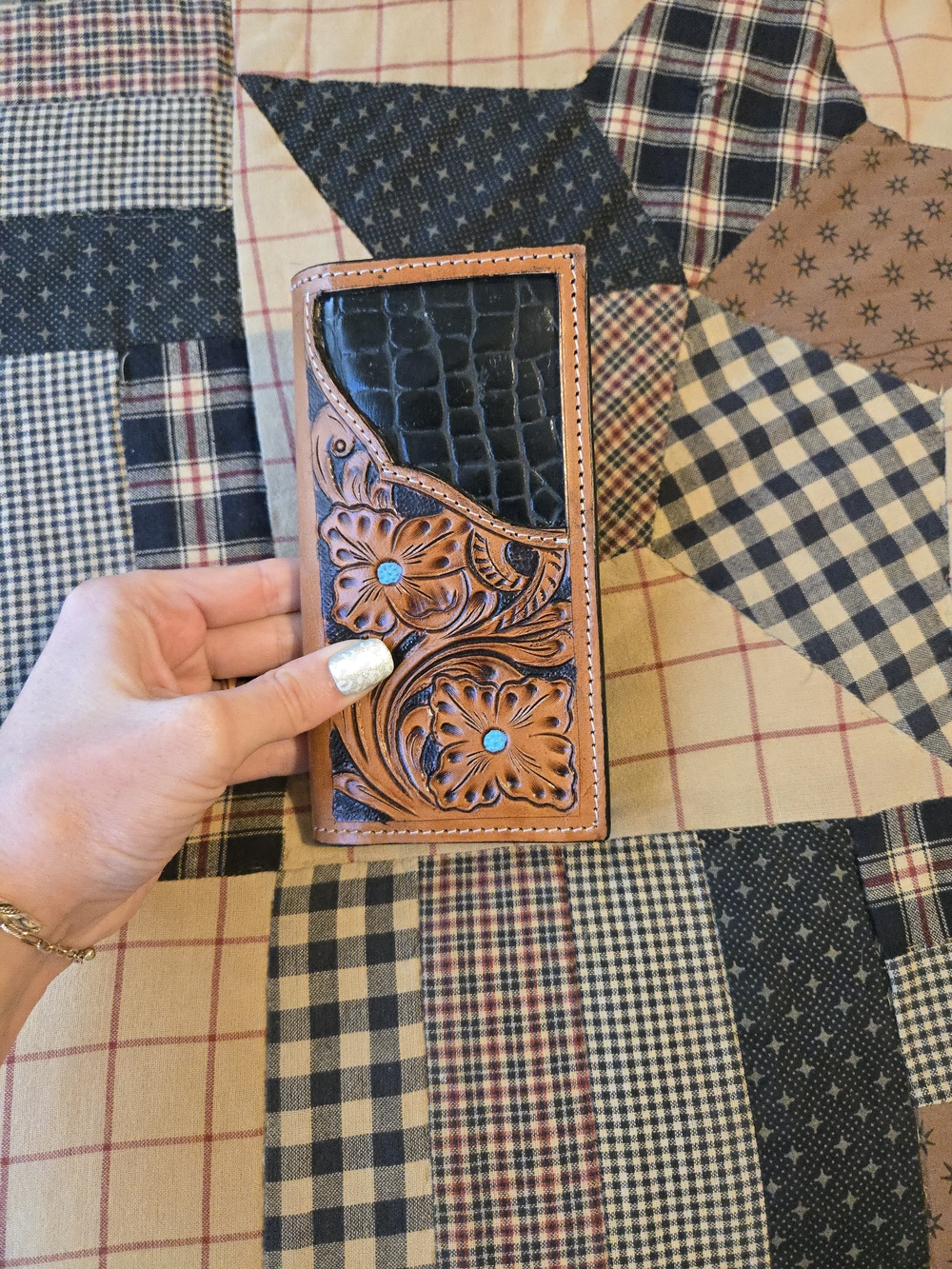 Hand-Tooled Leather Wallet with Black Croc Accent